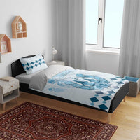 Blue and white duvet bedding set with Kentucky Derby print and matching pillowcases