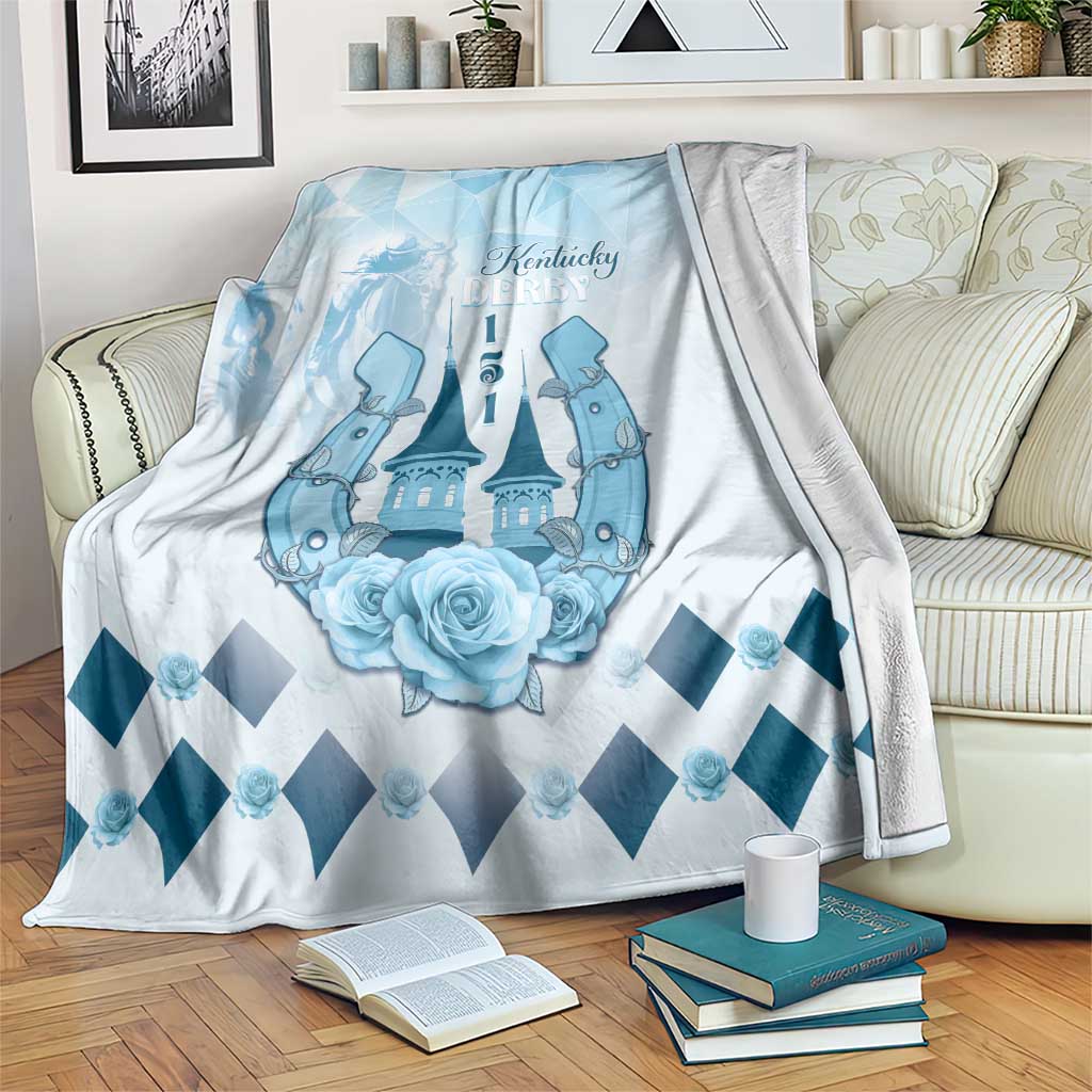Blue horse-themed blanket with Kentucky Derby text, castle and rose-and-diamond design
