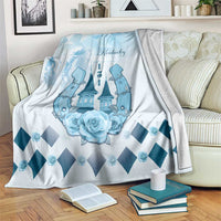Blue horse-themed blanket with Kentucky Derby text, castle and rose-and-diamond design