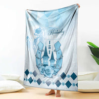 Blue hanging horse-themed blanket with Kentucky Derby logo, roses and dark-blue diamond pattern