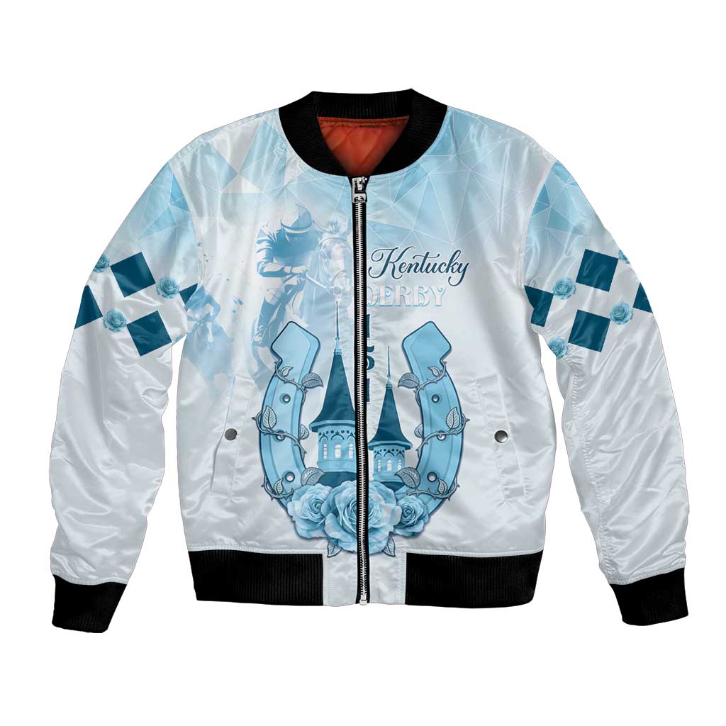 Light blue satin bomber jacket with black rib trim, front zip, Kentucky Derby graphic