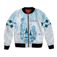Light blue satin bomber jacket with black rib trim, front zip, Kentucky Derby graphic