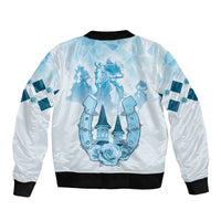 Light blue satin bomber jacket, black rib trim, full back print with horses and castle