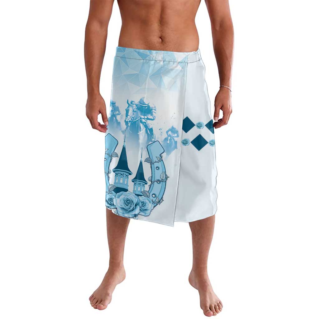 Blue and white lavalava wrap skirt with large front horse and rose graphic