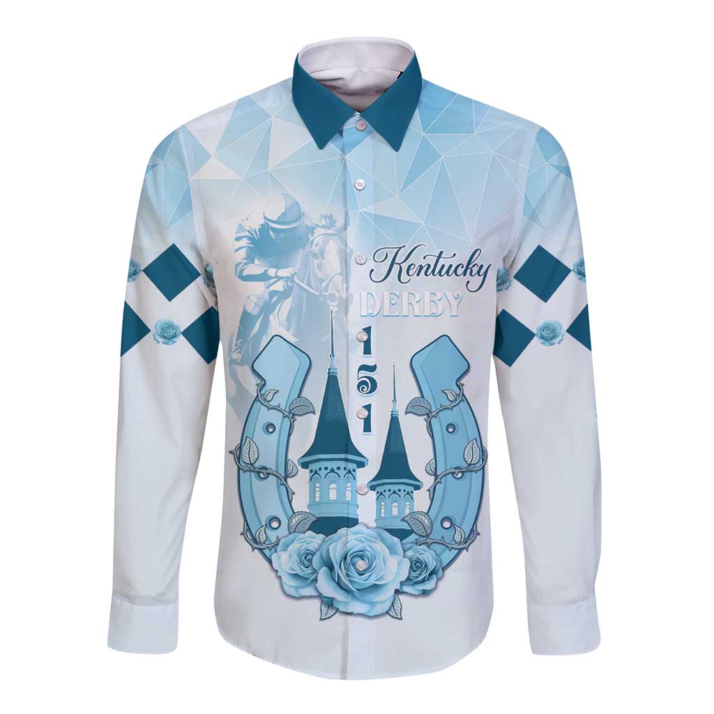 Blue and white long-sleeve button shirt with horse-themed chest graphic and collar