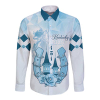 Blue and white long-sleeve button shirt with horse-themed chest graphic and collar