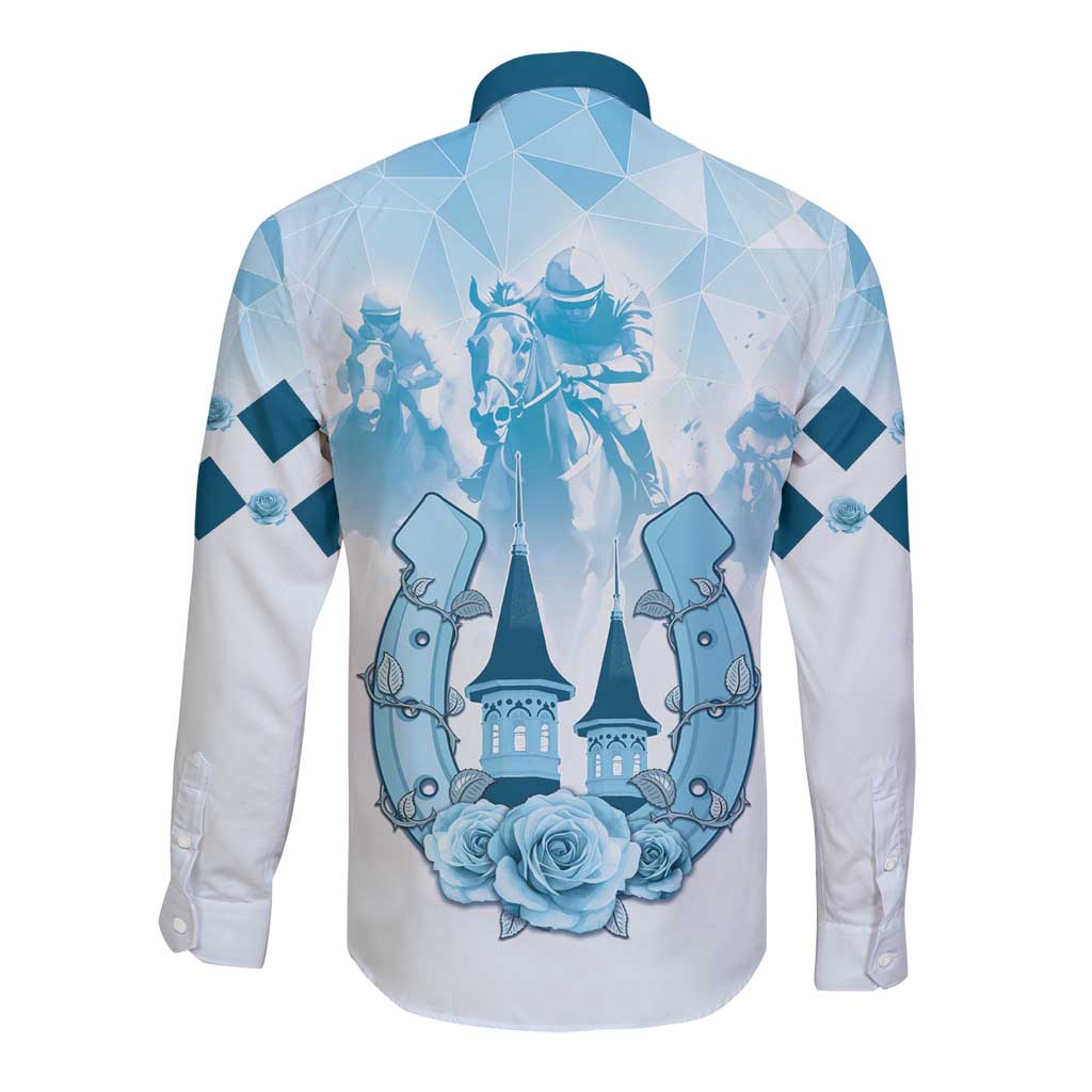 Blue and white long-sleeve button shirt with horse-themed back print and blue accents