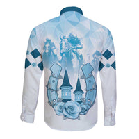 Blue and white long-sleeve button shirt with horse-themed back print and blue accents