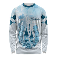 Light blue long sleeve shirt with Kentucky Derby graphic and crew neck, unisex fit