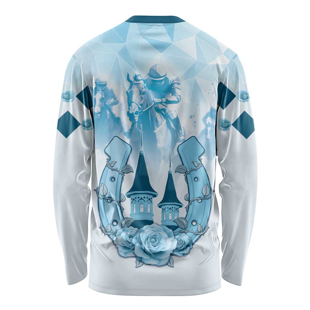 Light blue long sleeve shirt with back Kentucky Derby graphic, crew neck, unisex