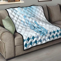 White quilt with blue Kentucky horse logo and diamond border along edge