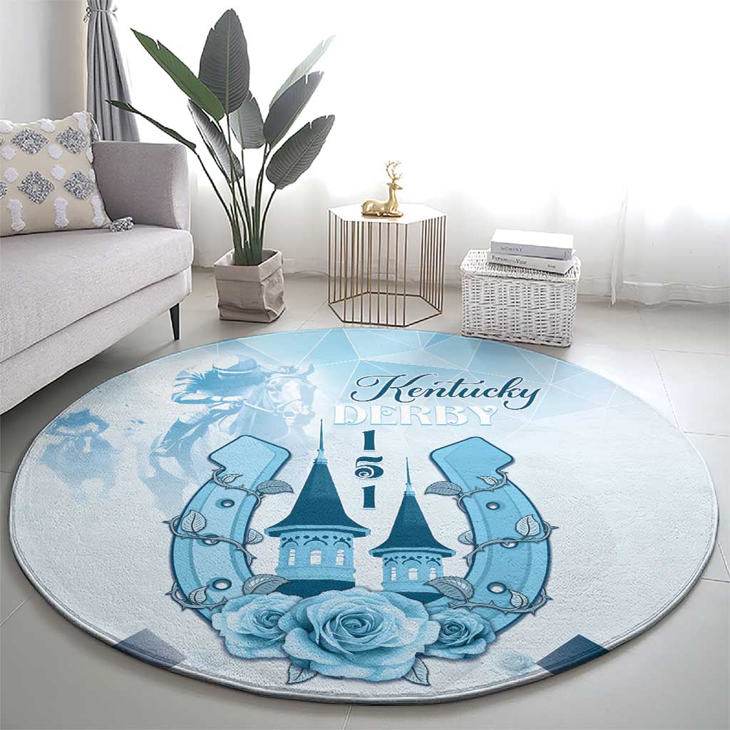 Blue round carpet with Kentucky Derby text, castle-and-horses graphic, and blue roses