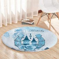 Blue round carpet with Kentucky Derby text, horses flanking a castle, and rose accents