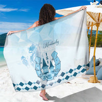 Blue anniversary sarong with Kentucky logo, blue horse icons, roses, and checkered border
