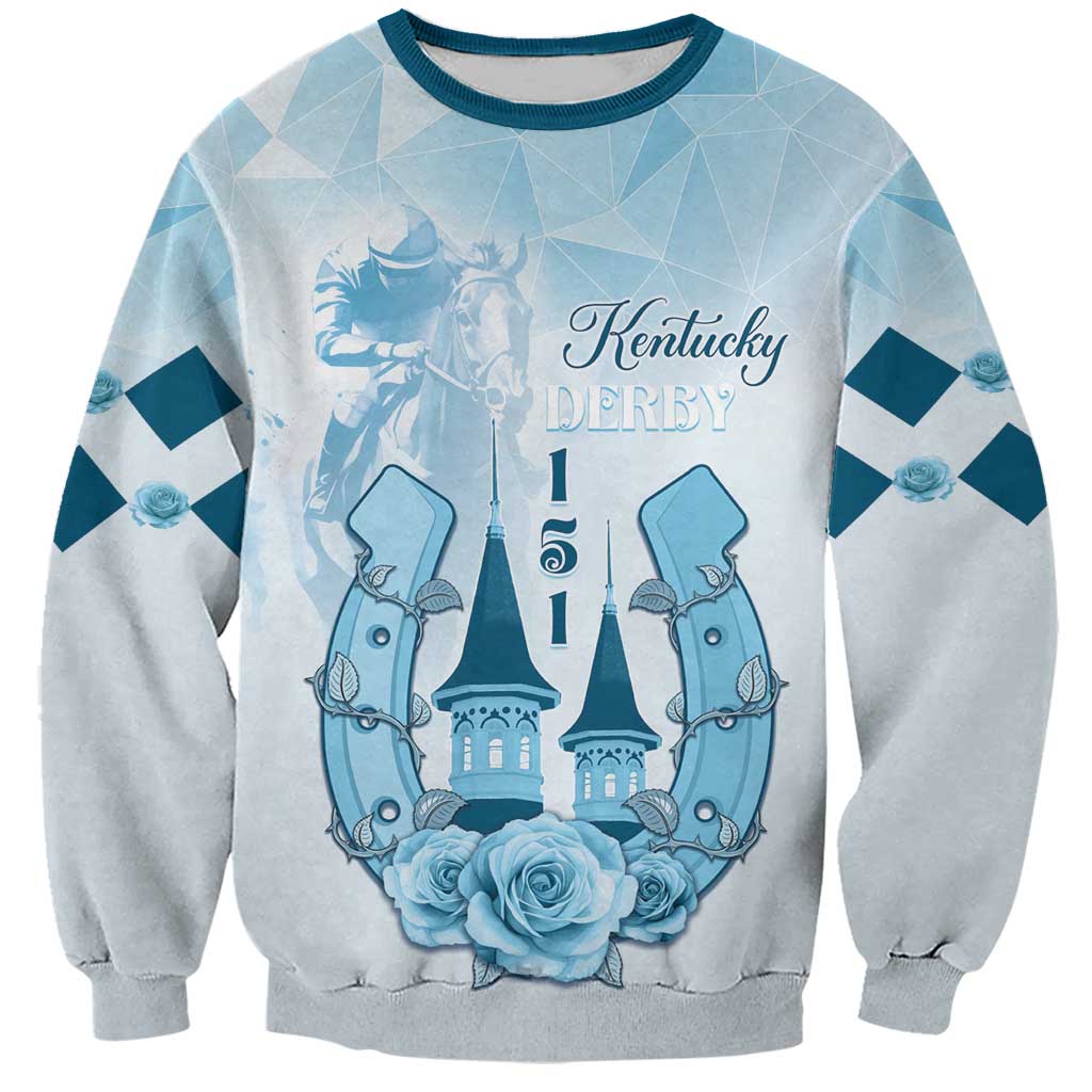 Unisex blue anniversary sweatshirt with horse-racing crest graphic and rose trim