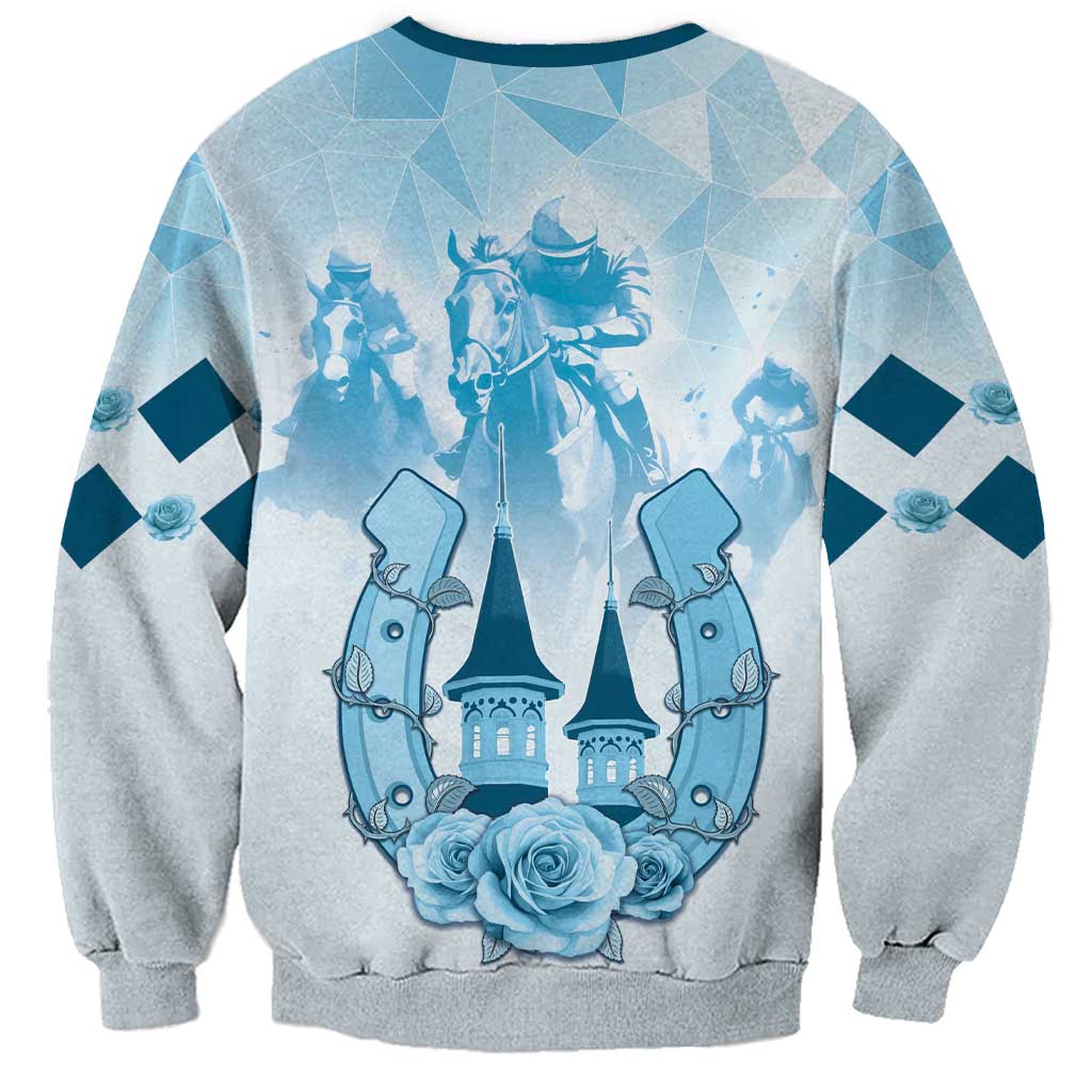Unisex light blue sweatshirt with horse-rider scene and tower banner graphic
