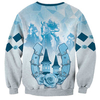 Unisex light blue sweatshirt with horse-rider scene and tower banner graphic