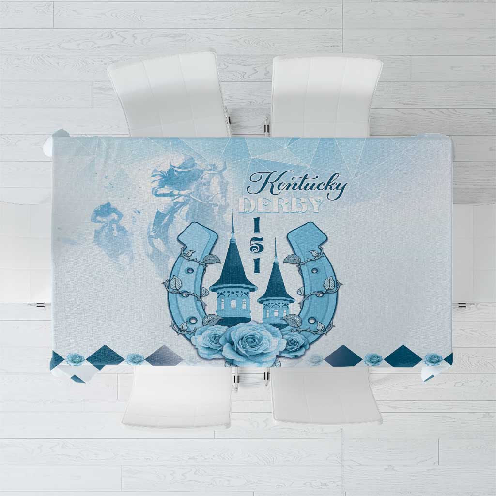 Blue horse-racing anniversary tablecloth with Kentucky Derby graphic and roses
