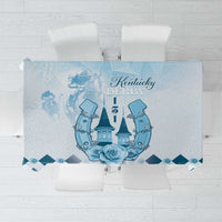 Blue horse-racing anniversary tablecloth with Kentucky Derby graphic and roses