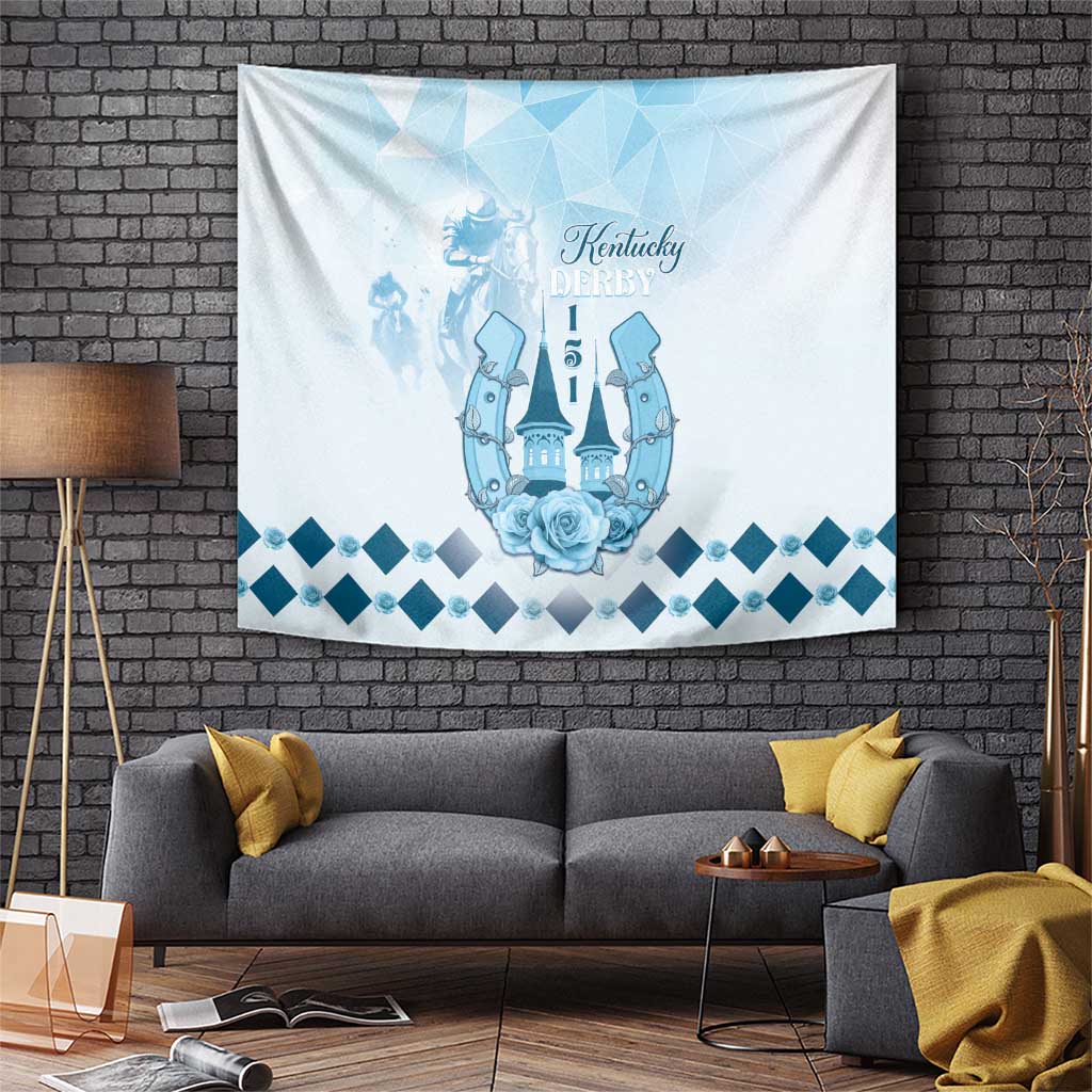 Blue and white hanging wall tapestry with Kentucky Derby typography, horses, and rose center