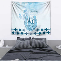 Blue and white wall tapestry with Kentucky Derby horse motif and rose border
