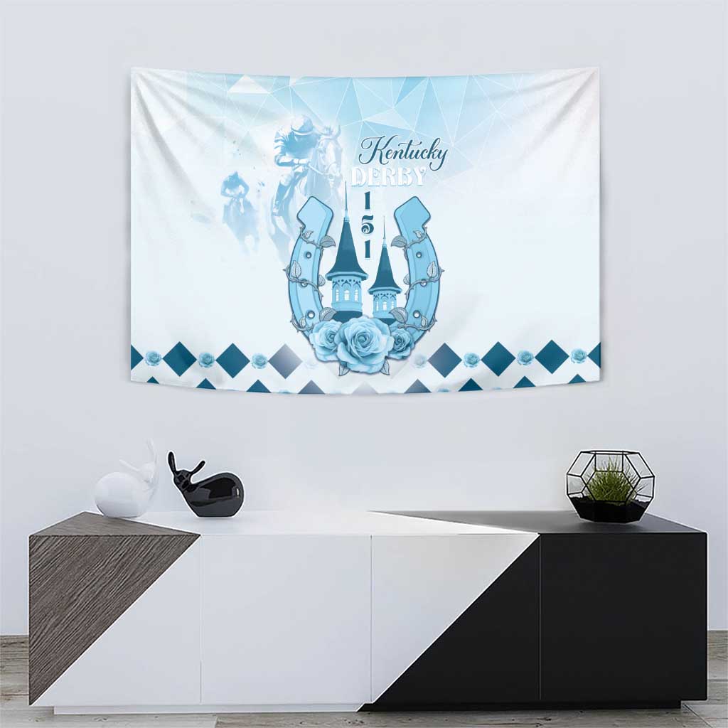 Blue and white wall tapestry with Kentucky Derby lettering, horse silhouettes, and rose center