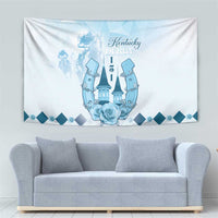 Blue and white wall tapestry with Kentucky Derby logo, horse motifs, and rose centerpiece
