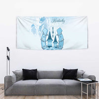 Blue and white wall tapestry with Kentucky Derby text, horse heads, and rose illustration