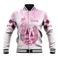 Pink and gray baseball jacket, front button-up with striped cuffs and Kentucky Derby horse graphic