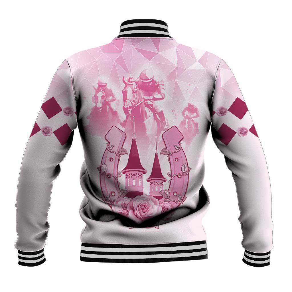 Pink and gray baseball jacket with striped rib collar, back graphic of horses and rosettes