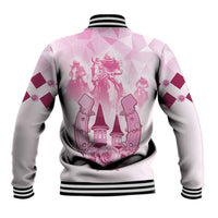Pink and gray baseball jacket with striped rib collar, back graphic of horses and rosettes