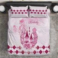 Pink and white bedding set with Kentucky Derby graphic and magenta diamond border