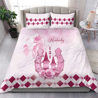 Pink and white bedding set: Kentucky Derby text, rose art, and magenta checked border