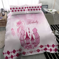 Pink and white duvet and pillows with Kentucky Derby graphic, rose, and magenta checks