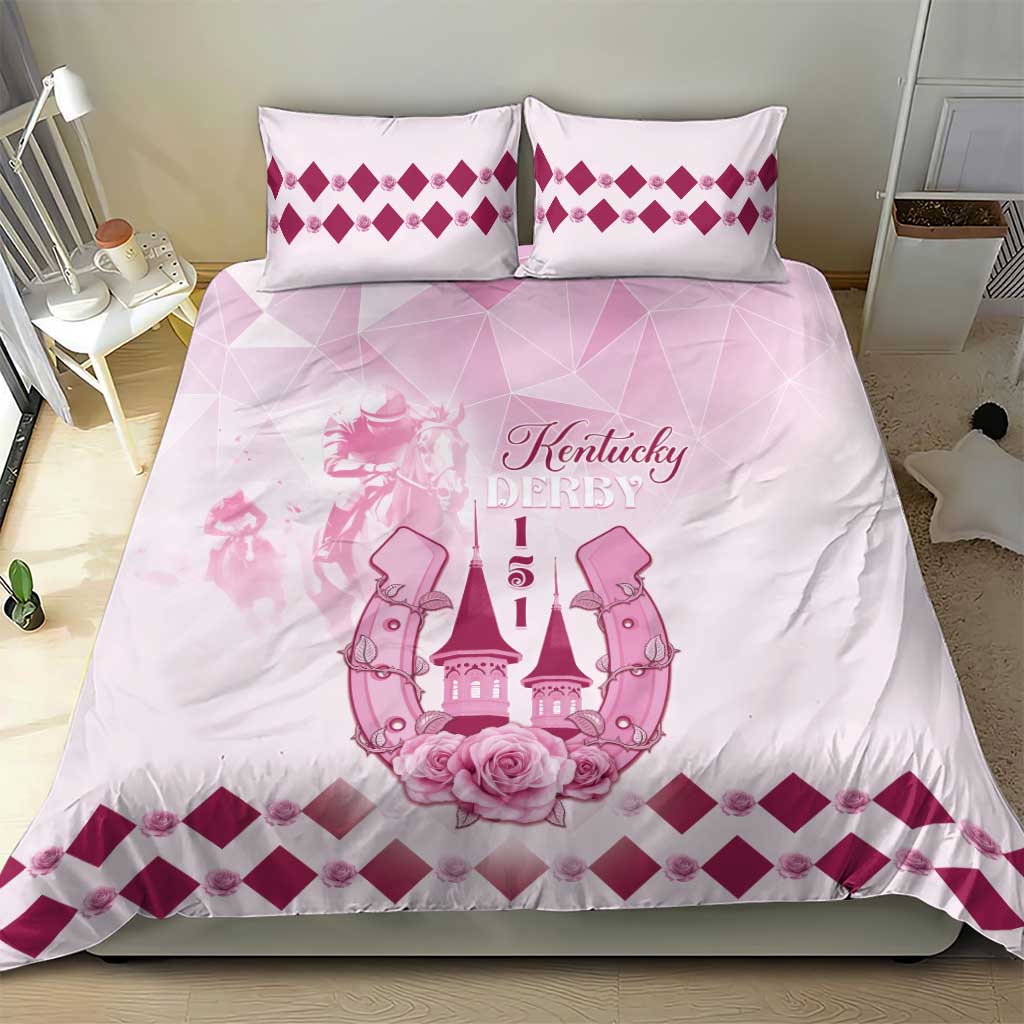 Pink and white bedding set with Kentucky Derby illustration, rose, and magenta diamond edge