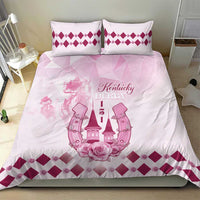 Pink and white bedding set with Kentucky Derby illustration, rose, and magenta diamond edge