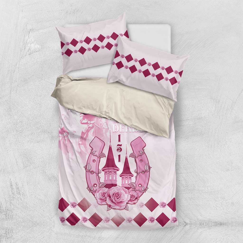 Pink and white duvet and pillowcases with Kentucky Derby artwork and magenta checks
