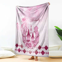 Pink Kentucky Derby throw blanket with horse-themed artwork, roses, and diamond accents
