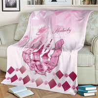 Pink and white throw blanket with Kentucky Derby lettering, horse illustration, and rose accents