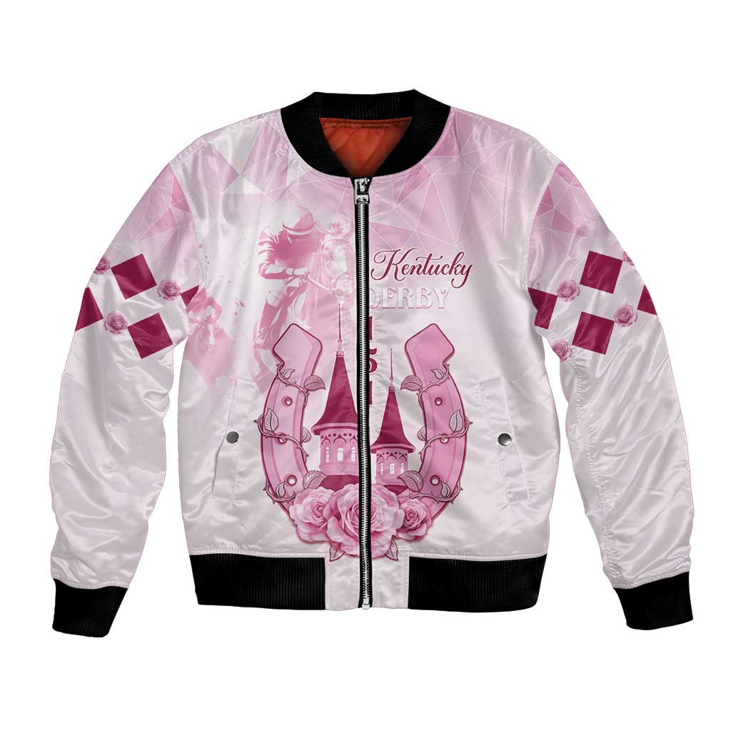 Unisex pink bomber jacket with front zip, pink graphic, and black ribbed trim