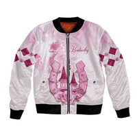 Unisex pink bomber jacket with front zip, pink graphic, and black ribbed trim