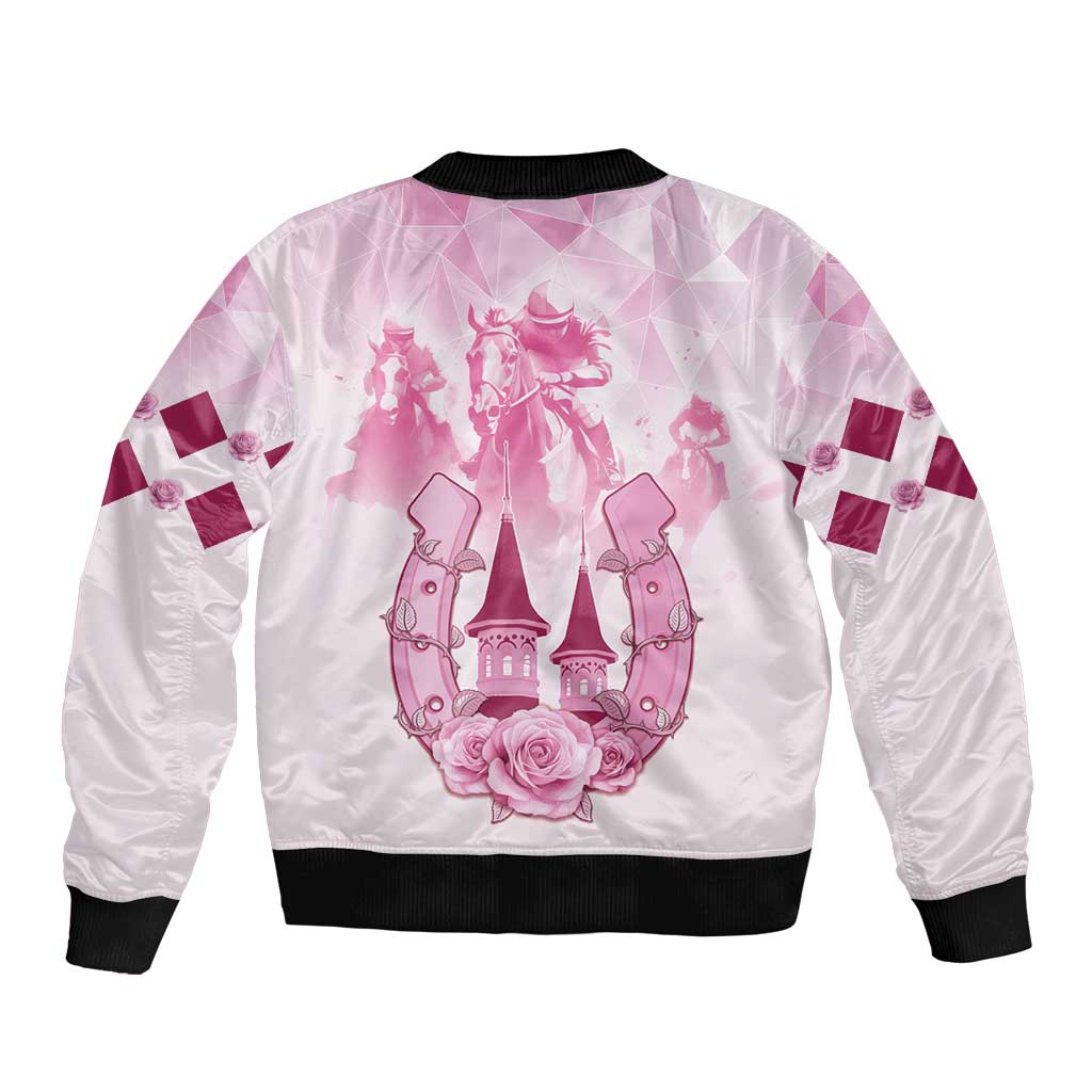 Unisex pink bomber jacket with back pink horse-themed graphic and black ribbed hem