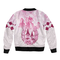 Unisex pink bomber jacket with back pink horse-themed graphic and black ribbed hem