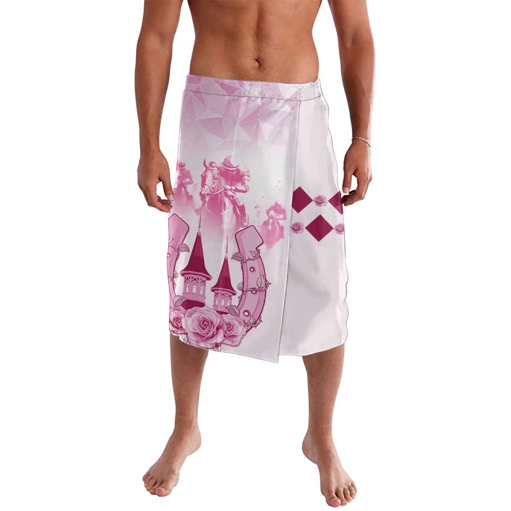 Pink and white printed knee-length lavalava skirt with geometric shapes and scenes