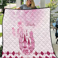 Pink and white Kentucky anniversary quilt with diamond stitching and floral horse graphic