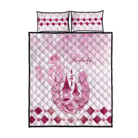 Pink quilt bed set with horse and rose graphics, diamond-pattern pillows, black trim