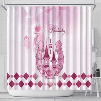 Pink shower curtain hanging with metal rings; Kentucky Derby horseshoe roses and diamond trim