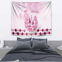 Pink horseshoe tapestry showing Kentucky Derby 151 text, rose center and diamond borders