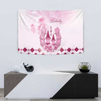 Pink Kentucky Derby 151 tapestry with horseshoe emblem, rose illustration, and diamond trim