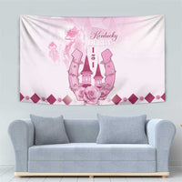 Pink Kentucky Derby 151 horseshoe tapestry with rose motif and diamond pattern border